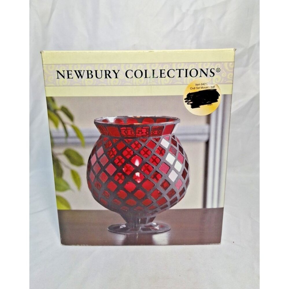 Newbury Collections RED MOSAIC HURRICANE GLASS VASE /CANDLE HOLDER TALL ,